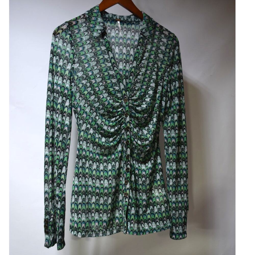 Free People Green Blue Abstract Print Ruched Button Front Long Sleeve Top Small
